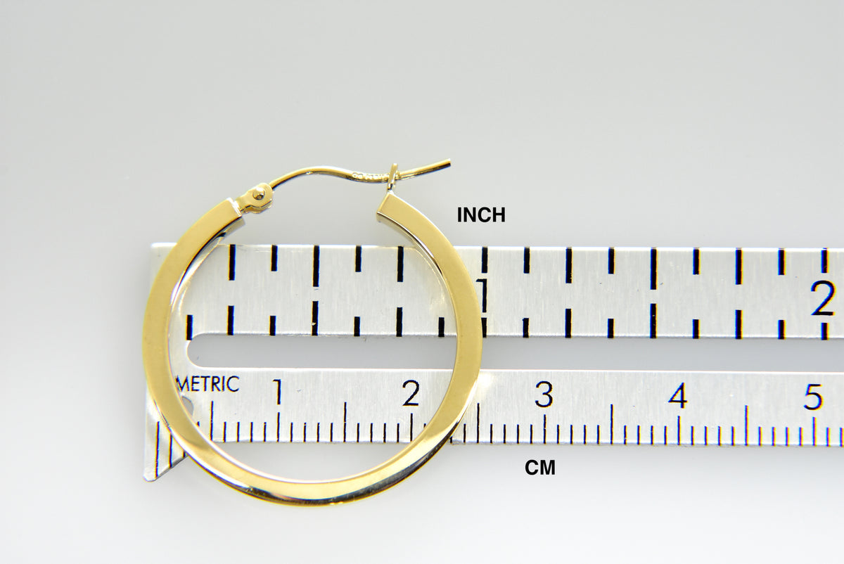 14k yellow gold square tube round hoop earrings 25mm x 2mm
