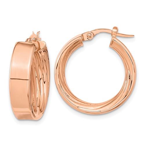 14k rose gold round square tube textured inside diamond cut hoop earrings 21mm x 5.5mm