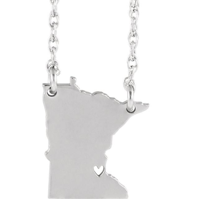 14k gold 10k gold silver minnesota mn state map necklace heart personalized city