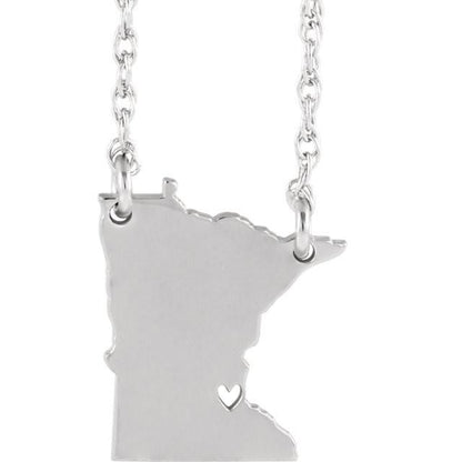 14k gold 10k gold silver minnesota mn state map necklace heart personalized city