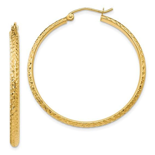 14k yellow gold diamond cut round hoop earrings 37mm x 2.5mm