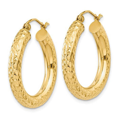14k yellow gold diamond cut classic round hoop earrings 25mm x 4mm