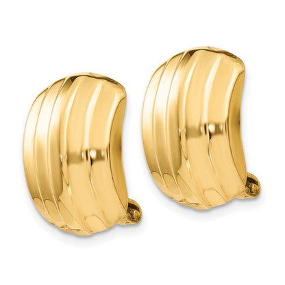 14k yellow gold non pierced clip on huggie j hoop ribbed earrings