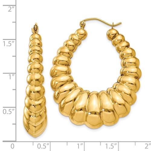 14K Yellow Gold Shrimp Scalloped Hollow Classic Hoop Earrings 33mm