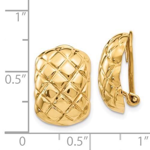 14k yellow gold non pierced clip on omega back quilted textured earrings