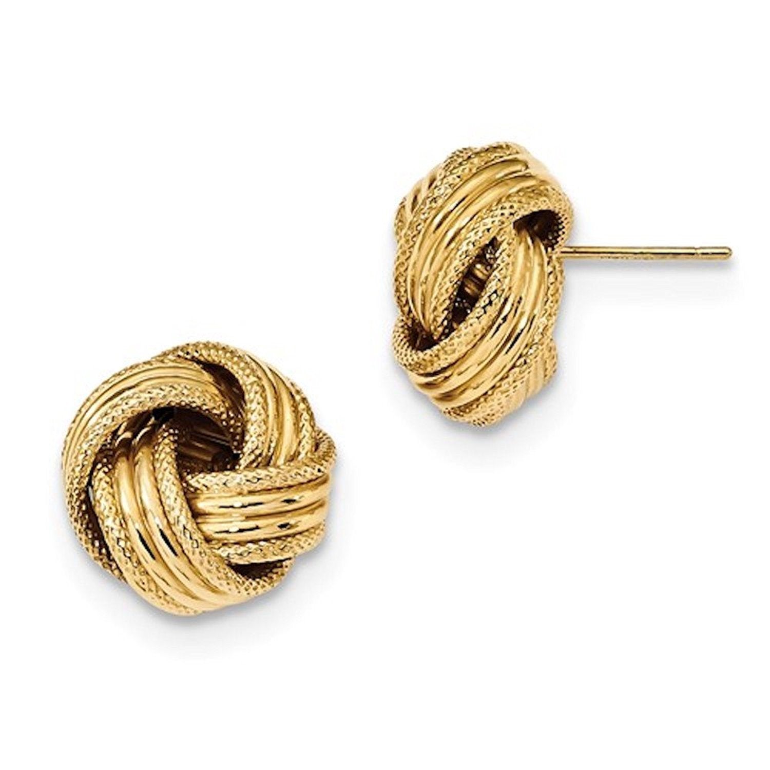 14k Yellow Gold 14mm Textured Love Knot Stud Post Earrings