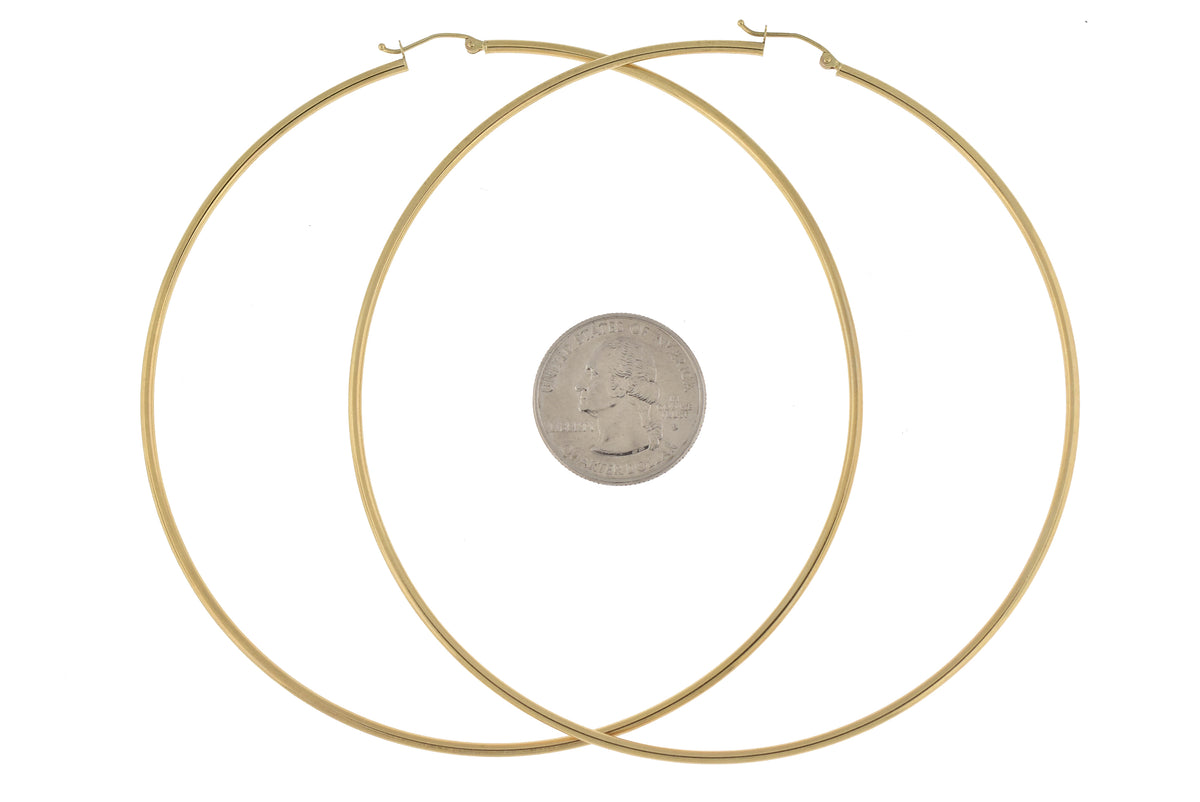 14k yellow gold extra large diameter 100mm x 2mm classic round hoop earrings 3.93 inches giant super size wide