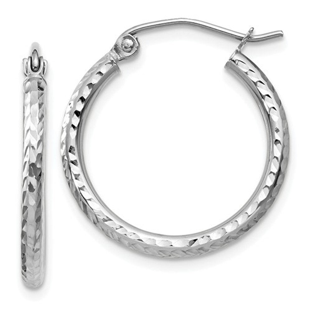 14k white gold diamond cut round hoop earrings 19mm x 2mm