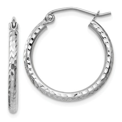14k white gold diamond cut round hoop earrings 19mm x 2mm