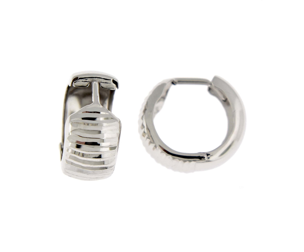14k white gold textured huggie hinged hoop earrings 15mm x 15mm x 7mm