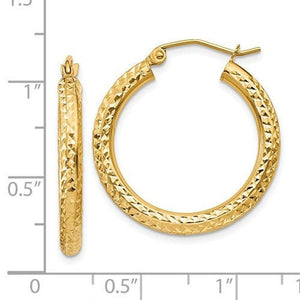 14K Yellow Gold Diamond Cut Classic Round Hoop Earrings 25mm x 3mm