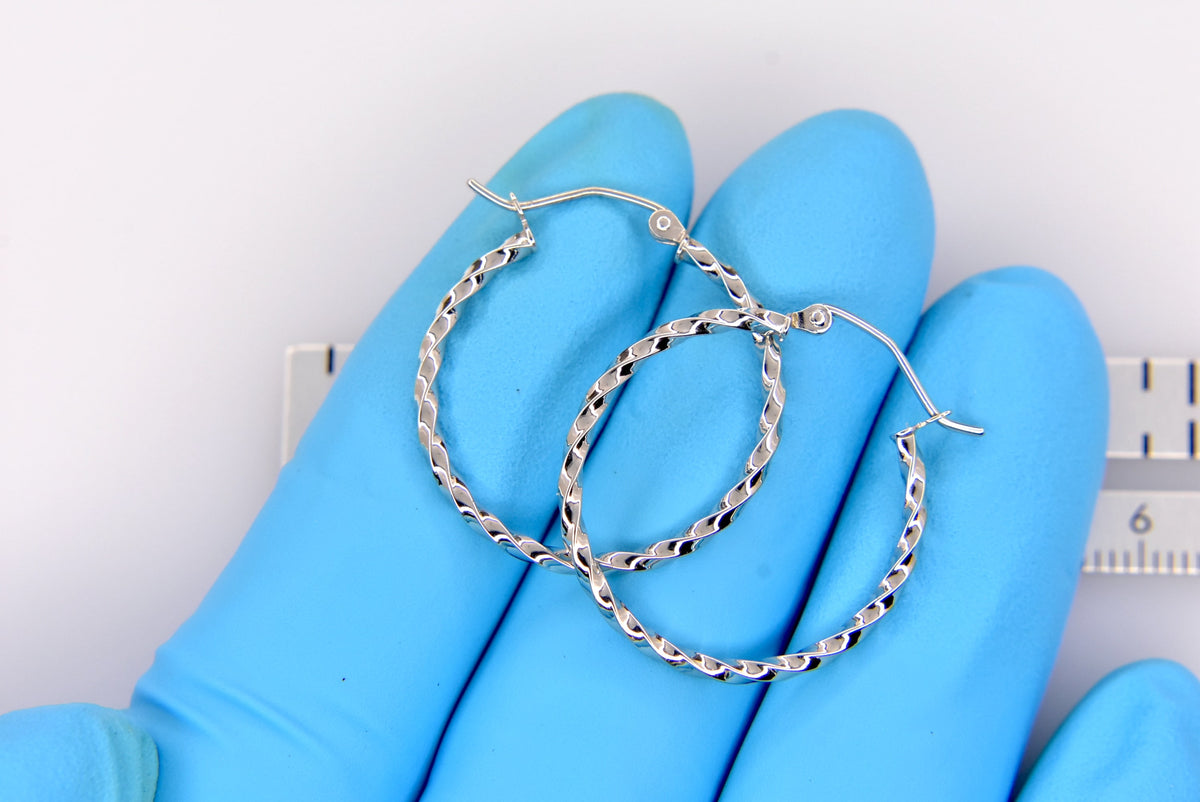 14k white gold twisted modern classic round hoop earrings 25mm x 2mm