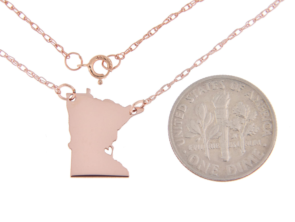 14k gold 10k gold silver minnesota mn state map necklace heart personalized city