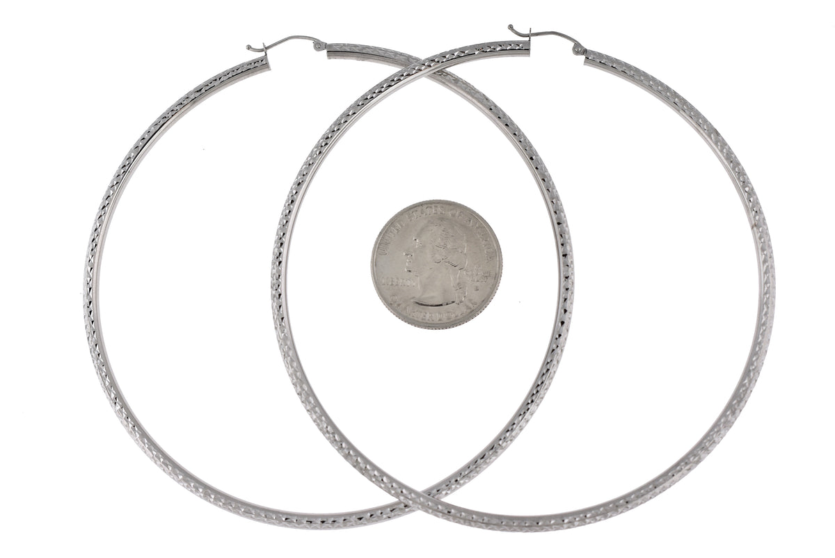 14k white gold 3.35 inch diameter extra large giant gigantic diamond cut round classic hoop earrings lightweight 85mm x 3mm