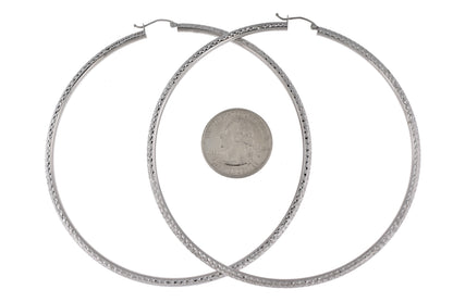 14k white gold 3.35 inch diameter extra large giant gigantic diamond cut round classic hoop earrings lightweight 85mm x 3mm