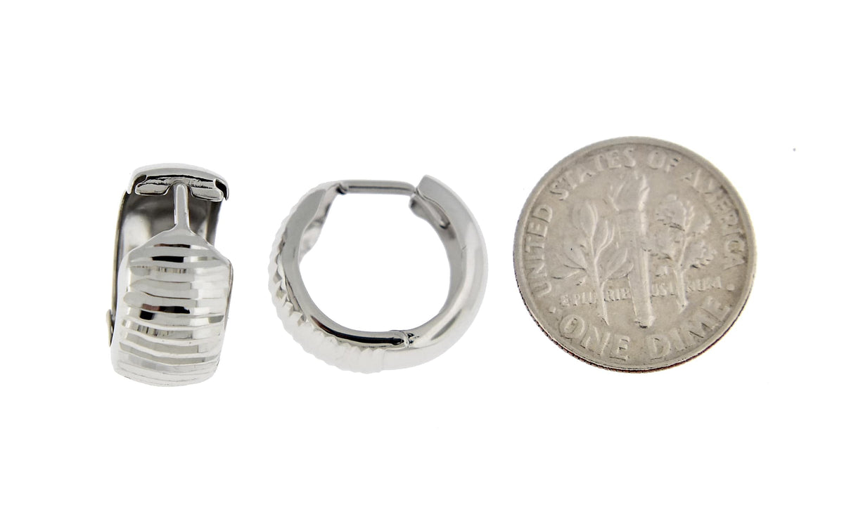14k white gold textured huggie hinged hoop earrings 15mm x 15mm x 7mm