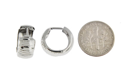 14k white gold textured huggie hinged hoop earrings 15mm x 15mm x 7mm