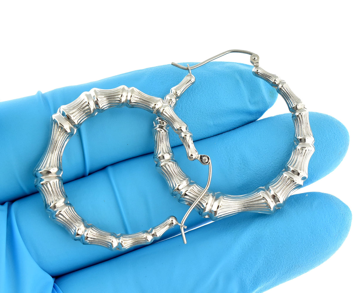 14k white gold bamboo hoop earrings 33mm