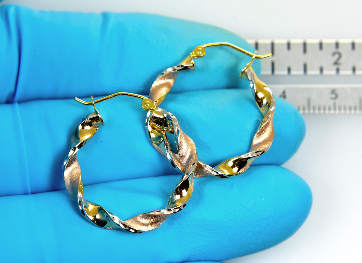 14k gold tri color twisted round hoop earrings