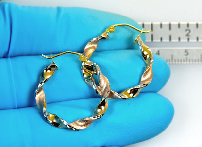 14k gold tri color twisted round hoop earrings