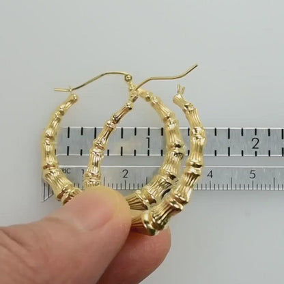 14K Yellow Gold Bamboo Hoop Earrings 33mm