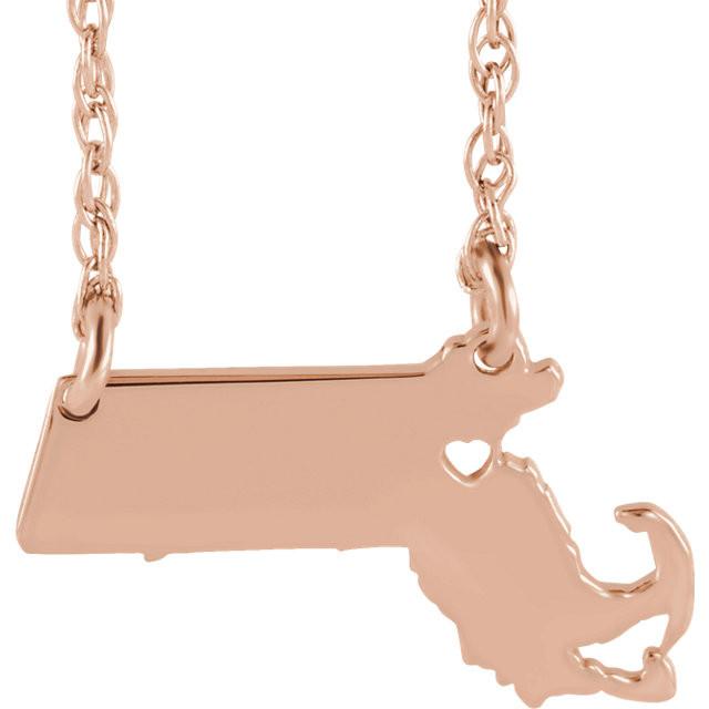14k Gold 10k Gold Silver Massachusetts State Map Necklace Heart Personalized City