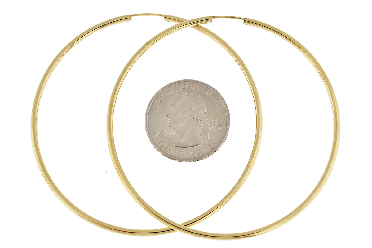 14k yellow gold round endless hoop earrings 64mm x 2mm