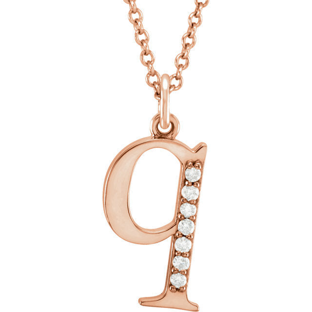 14k yellow rose white gold .04 ctw diamond tiny petite lowercase letter q initial alphabet pendant charm necklace
