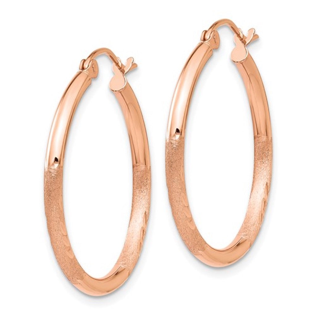 14k rose gold diamond cut classic round textured satin hoop earrings 25mm x 2mm