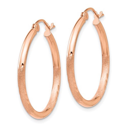 14k rose gold diamond cut classic round textured satin hoop earrings 25mm x 2mm