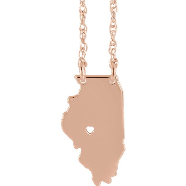14k Gold 10k Gold Silver Illinois State Map Necklace Heart Personalized City