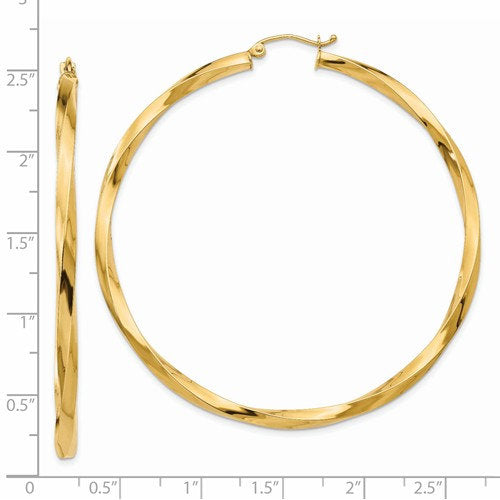 14k yellow gold twisted modern classic round hoop earrings 60mm x 3mm