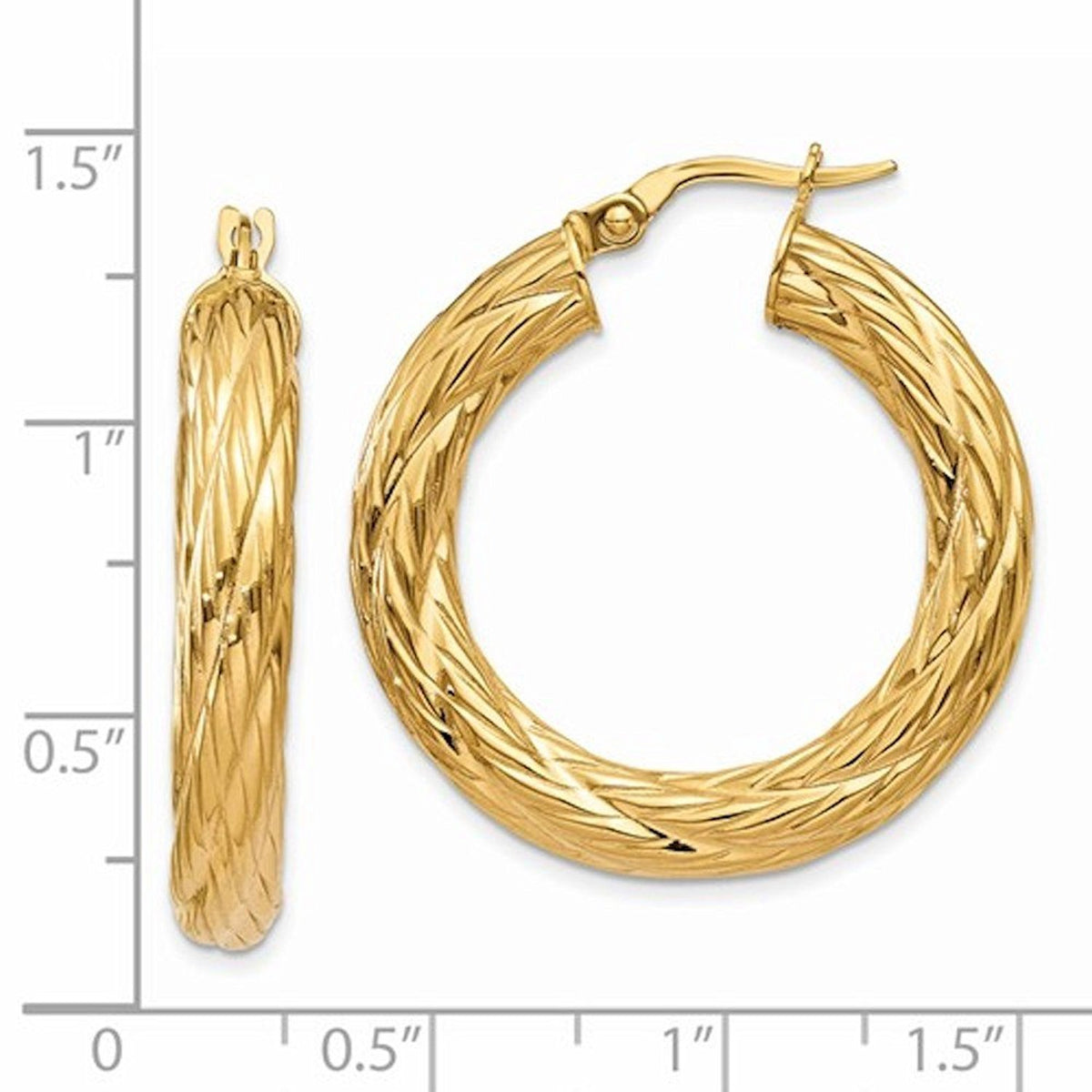 14k yellow gold textured round hoop earrings 30mm x 4.5mm