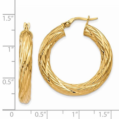 14k yellow gold textured round hoop earrings 30mm x 4.5mm