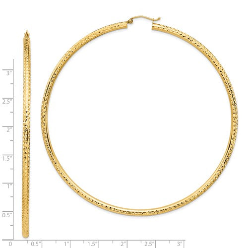 14k yellow gold 3.35 inch diameter extra large giant gigantic diamond cut round classic hoop earrings lightweight 85mm x 3mm