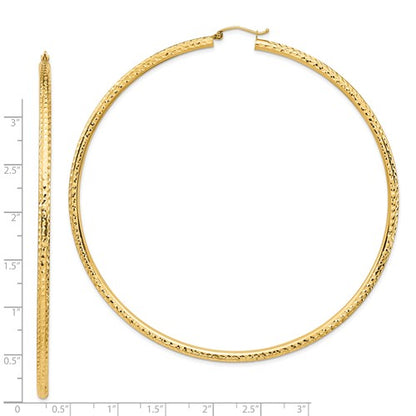 14k yellow gold 3.35 inch diameter extra large giant gigantic diamond cut round classic hoop earrings lightweight 85mm x 3mm