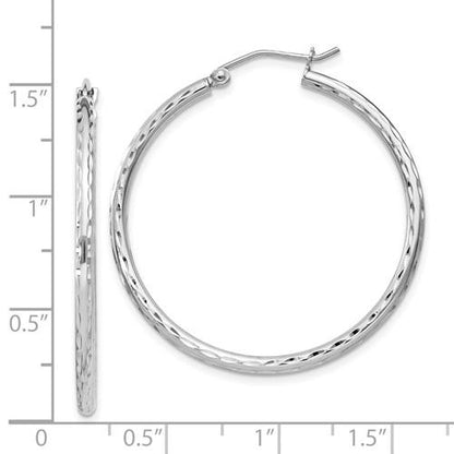 sterling silver rhodium plated diamond cut classic round hoop earrings 35mm x 2mm