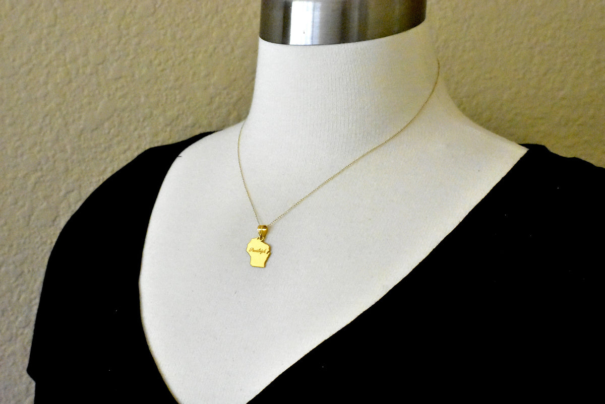 14k gold or sterling silver wisconsin wi state map pendant charm personalized monogram
