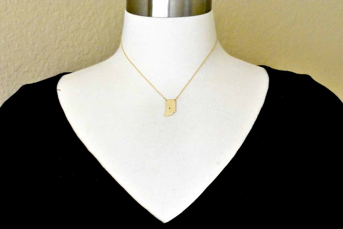14k gold 10k gold silver indiana state map necklace heart personalized city