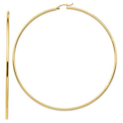14k yellow gold 3.75 inches diameter extra large giant gigantic round classic hoop earrings 95mm x 2mm lightweight