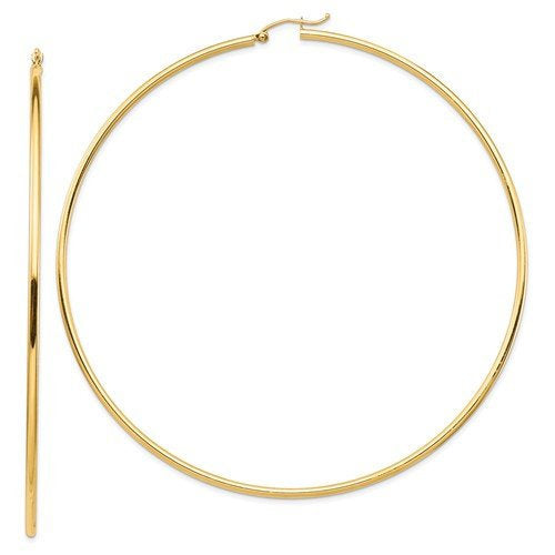 14k yellow gold 3.75 inches diameter extra large giant gigantic round classic hoop earrings 95mm x 2mm lightweight