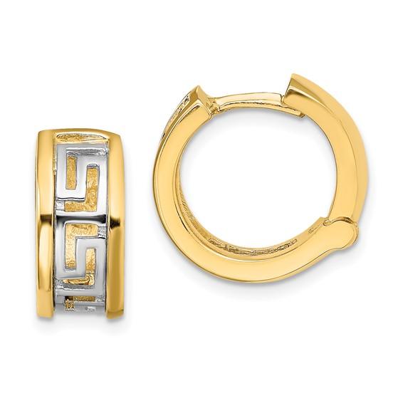 14k yellow white gold two tone greek key hinged hoop earrings