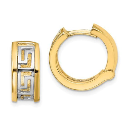 14k yellow white gold two tone greek key hinged hoop earrings