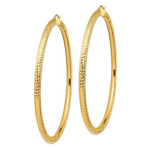 14K Yellow Gold Extra Large Sparkle Diamond Cut Classic Round Hoop Earrings 79mm x 4mm