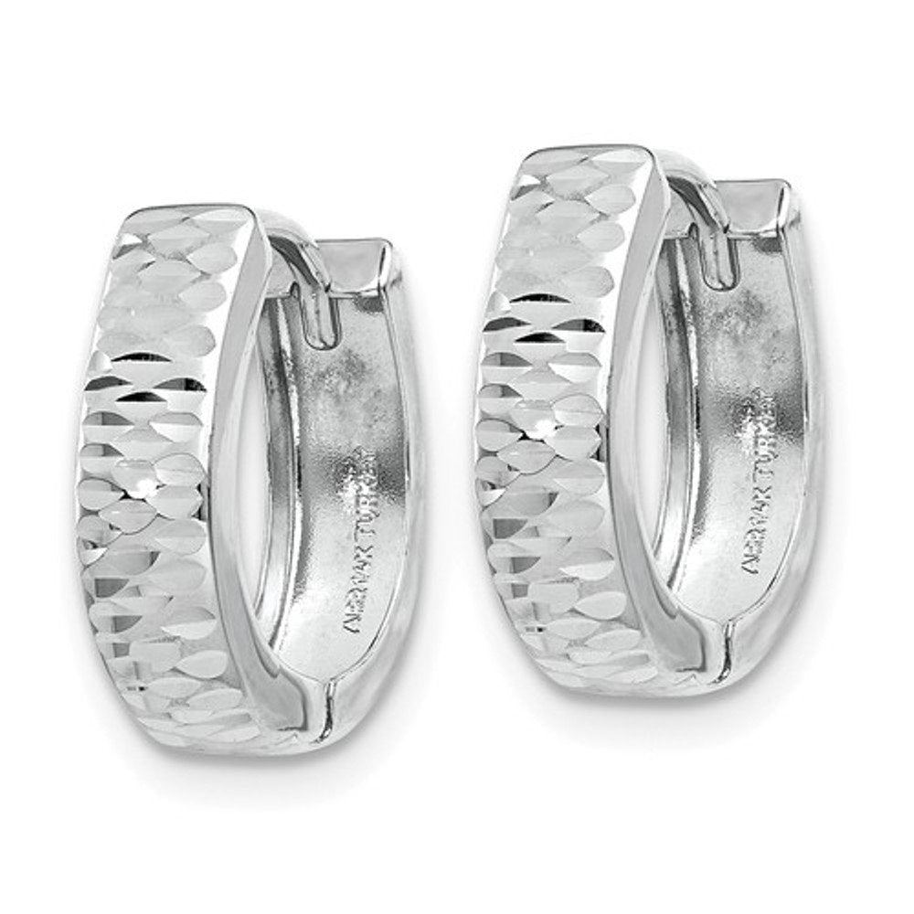 14k white gold classic textured hinged hoop huggie earrings