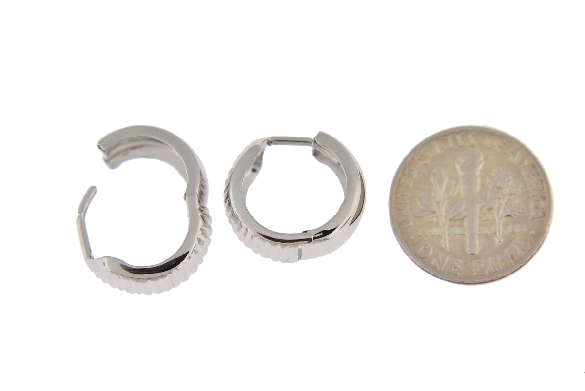 14k white gold textured huggie hinged hoop earrings 15mm x 15mm x 7mm