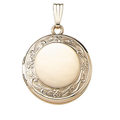 14K Yellow Gold 19mm Round Floral Photo Locket Pendant Charm Engraved Personalized Monogram