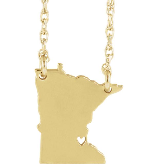 14k gold 10k gold silver minnesota mn state map necklace heart personalized city