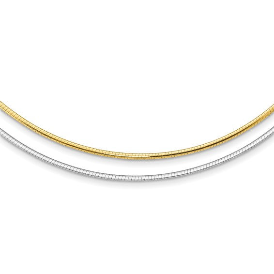 14K Yellow White Gold Two Tone 2mm Reversible Omega Choker Necklace Pendant Chain Lobster Clasp 18 inches