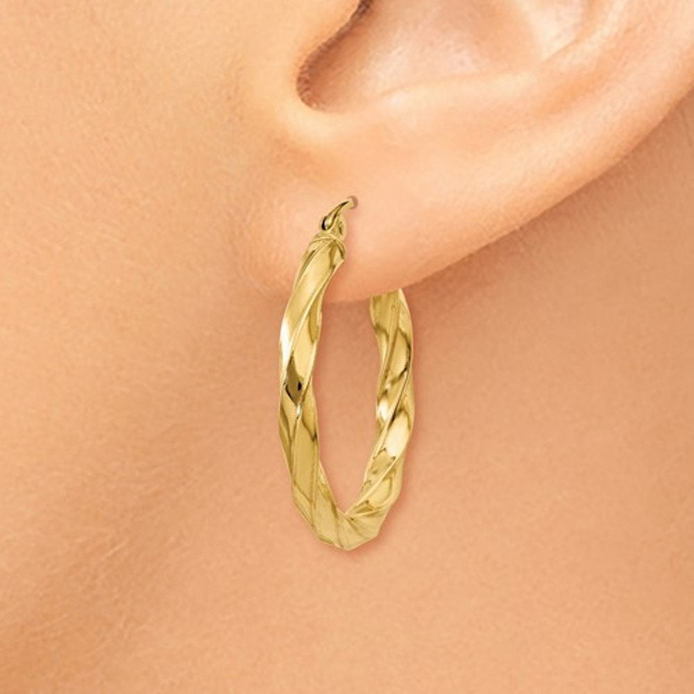14k yellow gold twisted modern classic round hoop earrings 25mm x 3mm